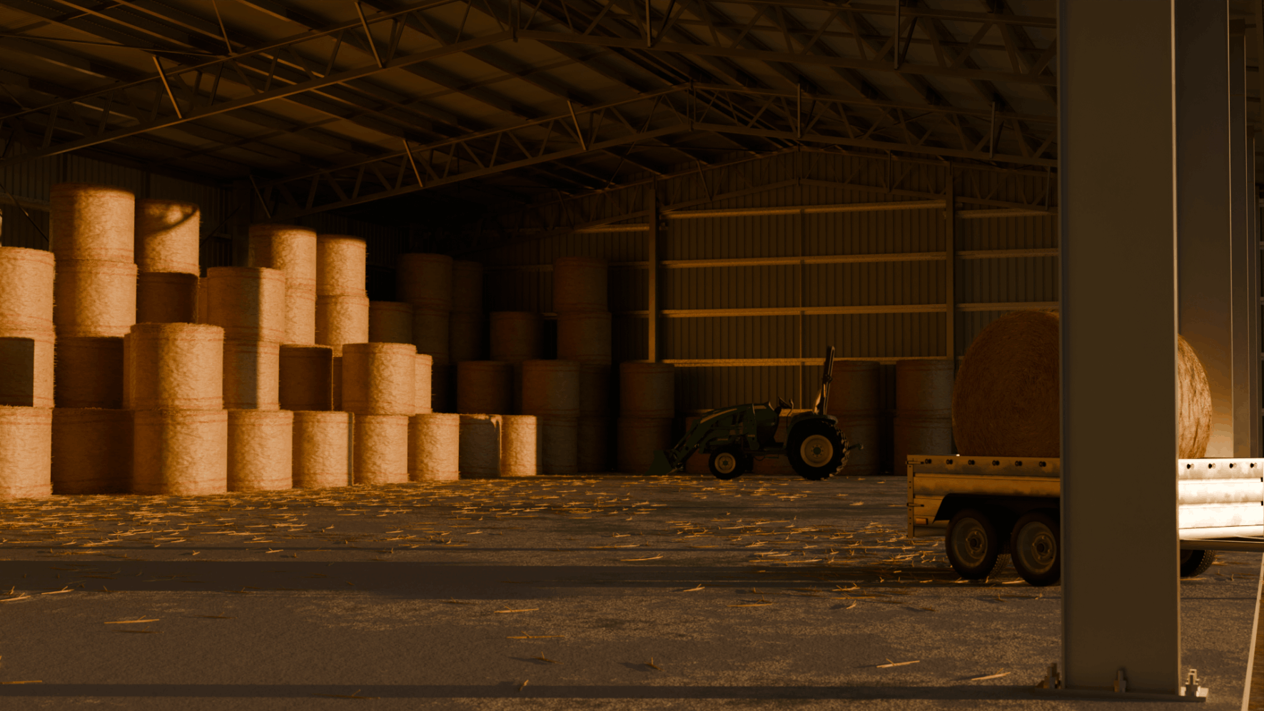 Structural hay shed viewed from inside. Haybales, a trailer and farm machinery are visible.