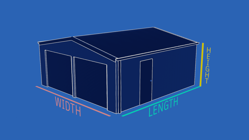 Blueprint-styled graphic describing correct measurements of a gable shed. Width is shown in red, length is shown in green, height is shown in yellow.