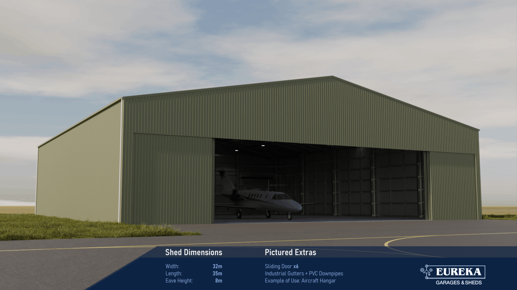 Structural aircraft hangar viewed from the ground. Dimensions are 32 metres wide, 35 metres long and 8 metres high.