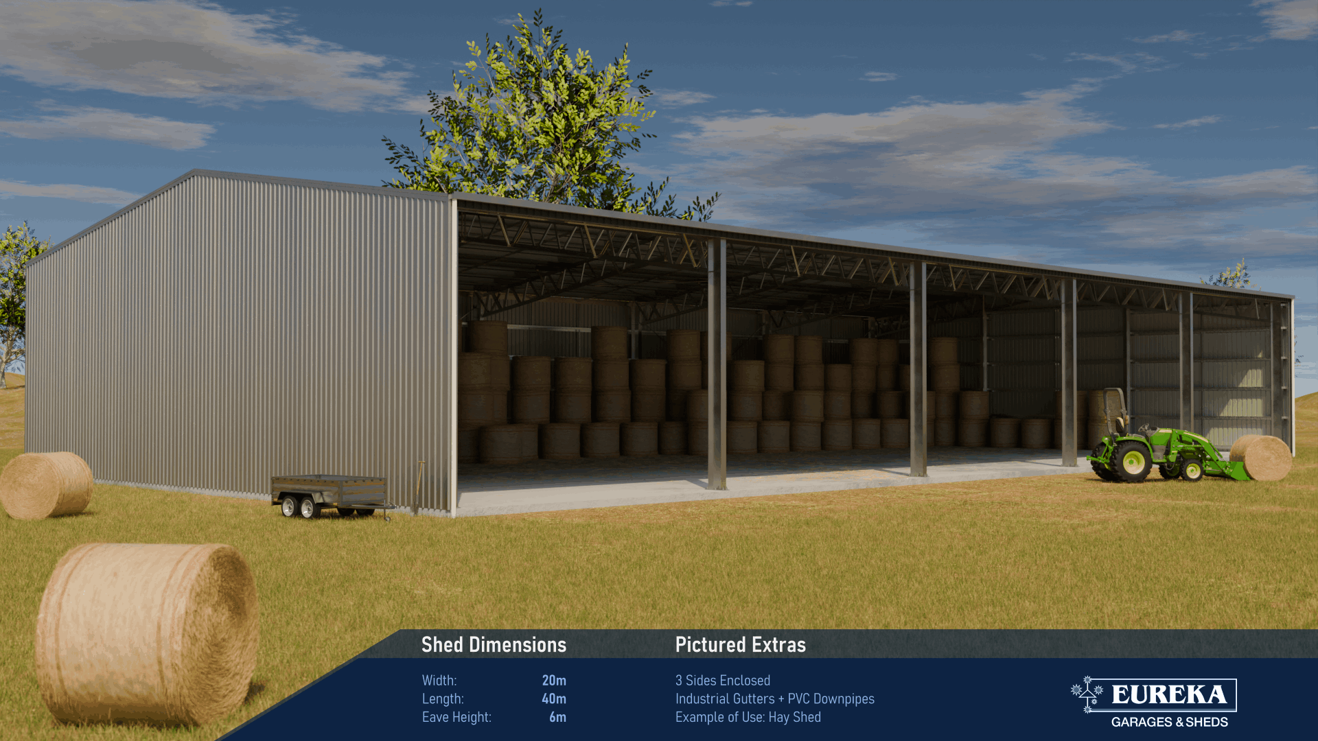 Structural hay shed viewed from the ground. Dimensions are 20 metres wide, 40 metres long and 6 metres high.