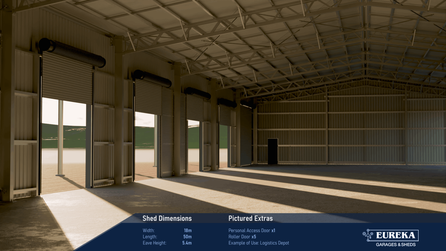 Structural commercial shed viewed from inside. Dimensions are 18 metres wide, 50 metres long and 5.4 metres high.