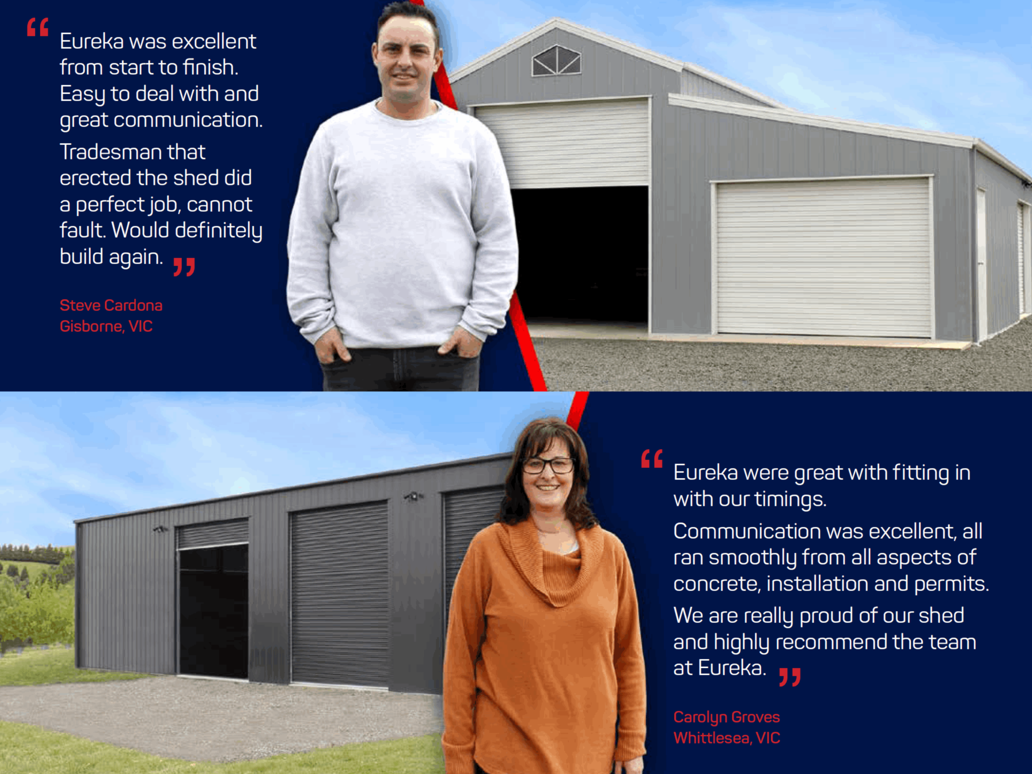 Positive testimonials from Eureka Garages & Sheds customers Steve and Carolyn.